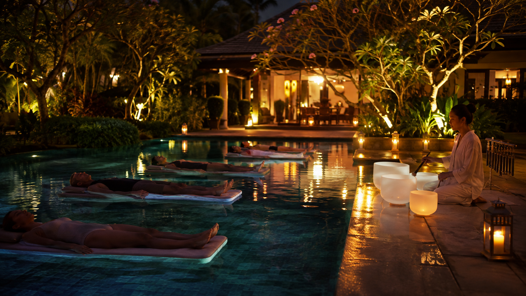 Resort pool at night in Bali